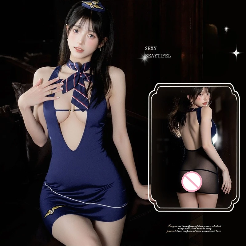 

Sexy Flight Attendant Roleplay Lingerie Set Sheer Buttock-Exposing Pencil Skirt No-Pull-Off Seductive Pure Desire Outfit