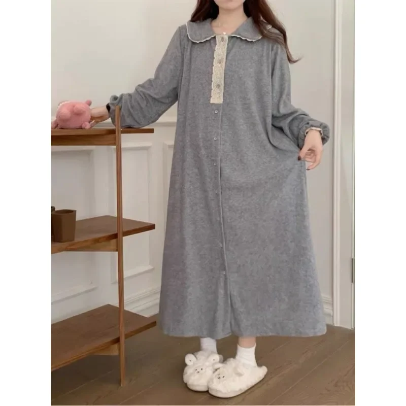 Women Gray Long Sleeve Nightgowns Casual Spring Autumn Loose Nightdress Full Length Elegant Ladies Sleepwear Fashion Loungewear