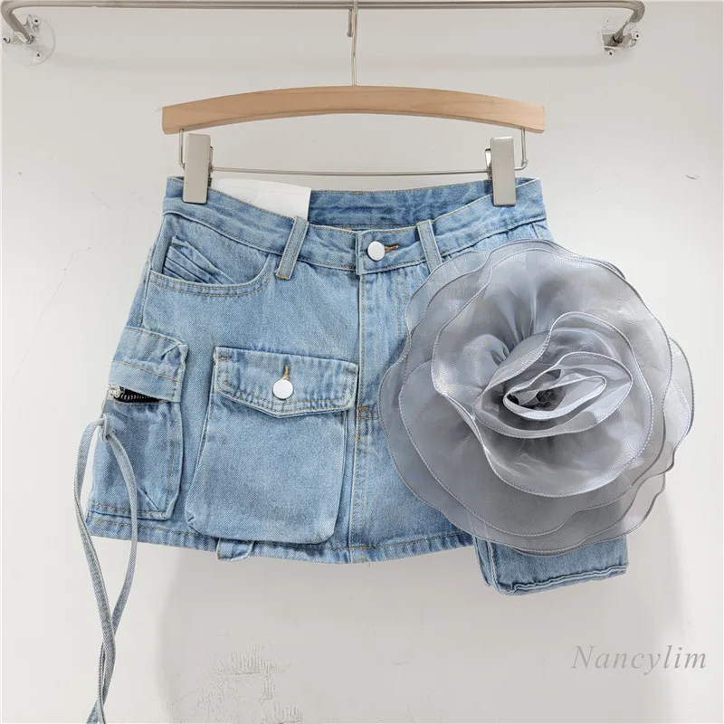 Pink Flower Pocket Design Tooling Denim Skirt Women's Trendy A- Line Slimming Irregular White Short Skirts Lady Streetwear