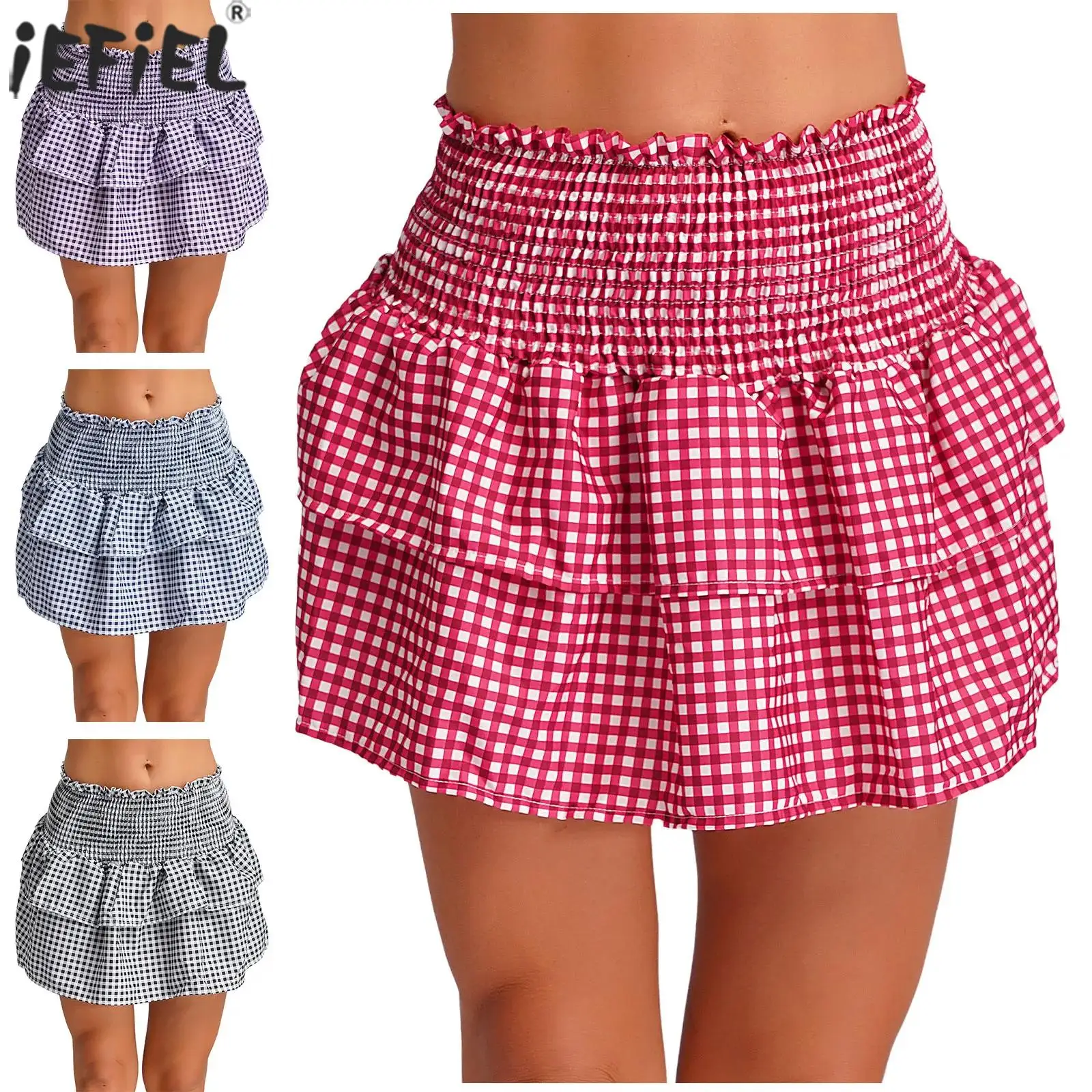 

Sweetheart Women Gingham A-line Stretchy Skirt Elastic Waistband Tiered Frilly Plaid Micro Skirt for Vacation Daily Casual Skirt