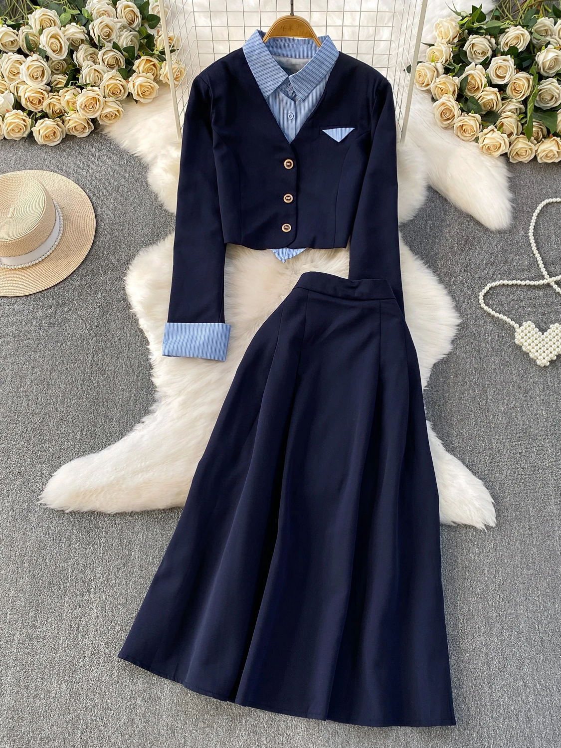 

Ele Plaid Patchwork ort Suit Jaet High Waist Slimming Midi Skirt Two-Piece Set Faionable Busin Casual Outfit