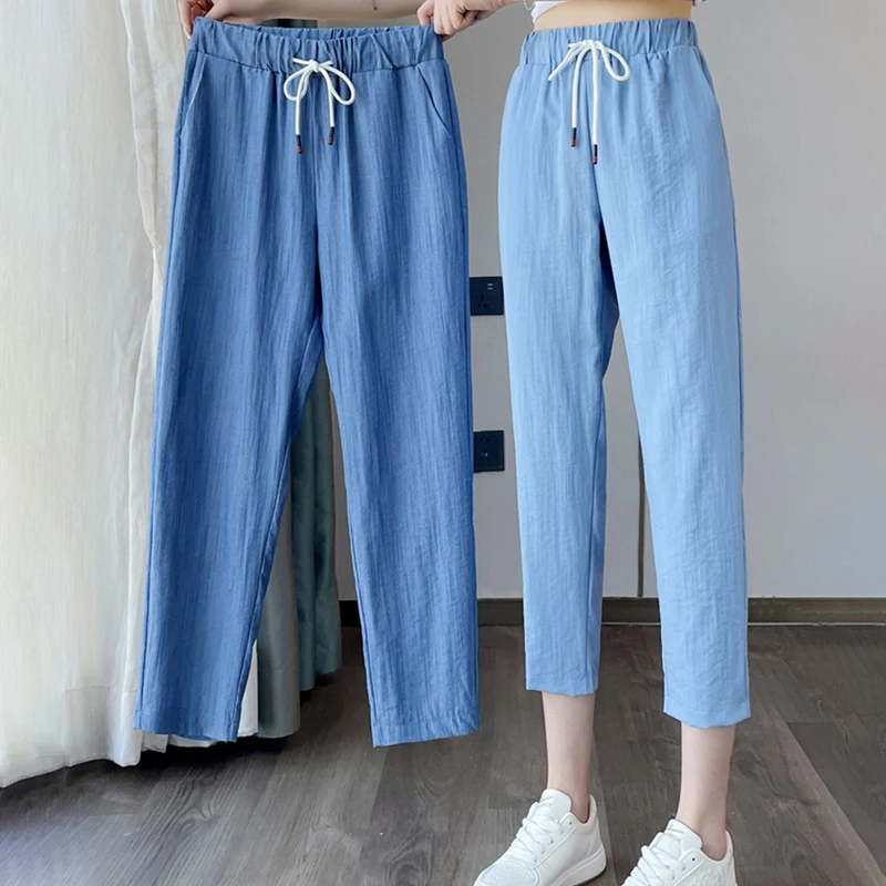 

2024 New Ice Silk Jeans Women's Summer Thin Korean Elastic Waist Drawstring Denim Harlan Trousers Casual Loose Calf-length Pants