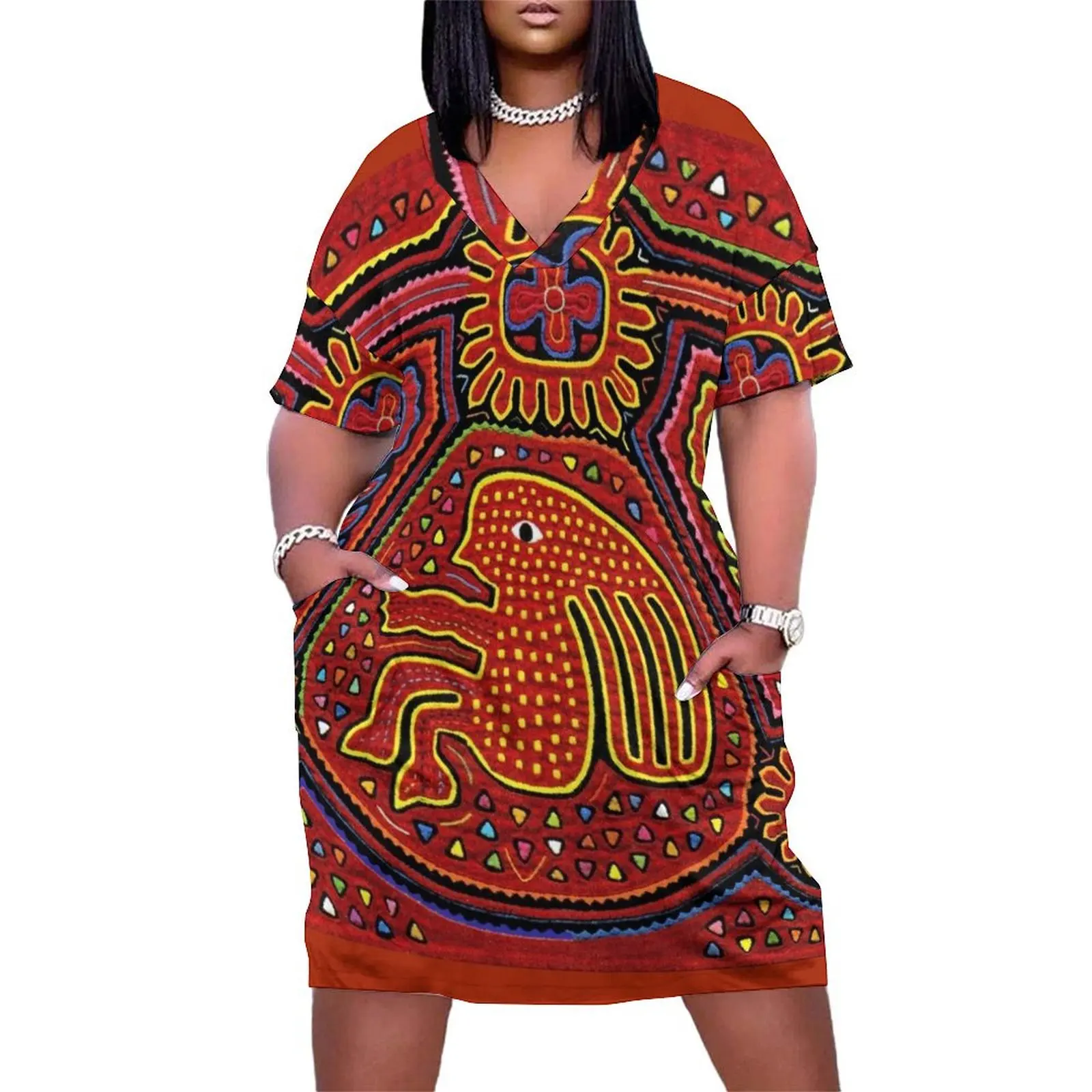 

Kuna Indian Mola Girl on Bike Loose Pocket Dress women long dresses summer dress korean women