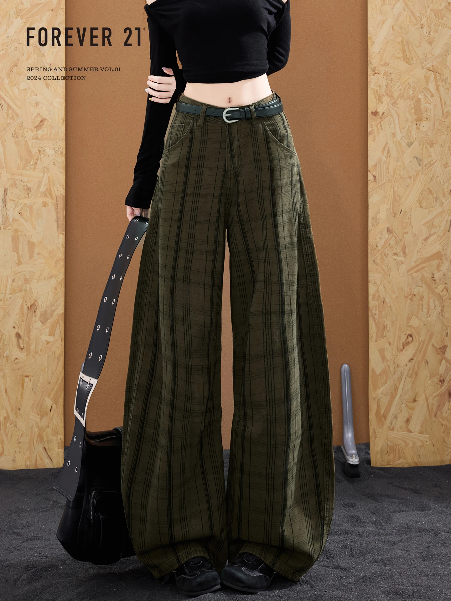 Forever 21 American Retro Green Plaid Wide Leg Jeans Women High Waist Loose Slimming Drapey Knife Pants Casual High Waist