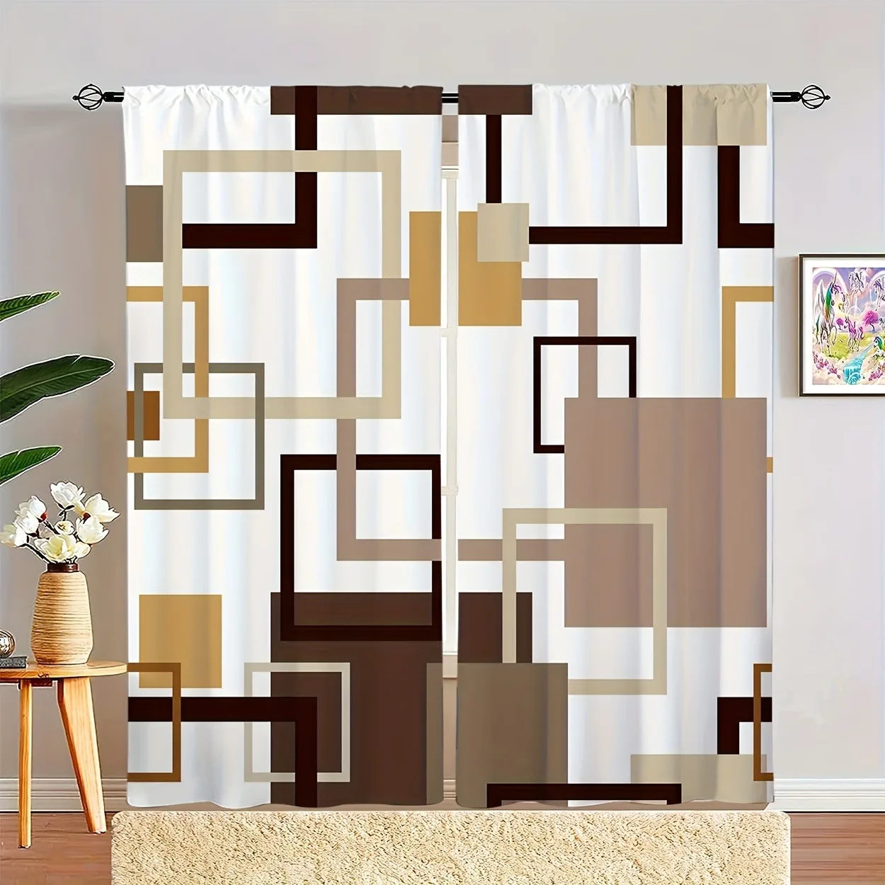 2 pieces of polyester geometric abstract linear printed curtains, suitable for bedroom, office, kitchen, living room and study.