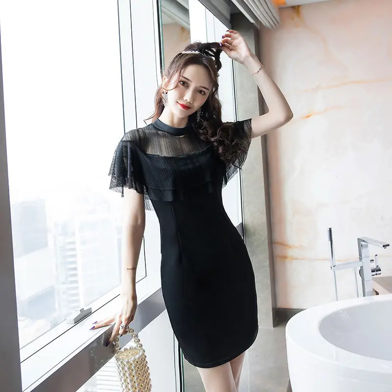 Korean Style Small Black Skirt Elegant Ruffled Mesh Spliced hip-packing Slim Short-sleeved Dress for Women