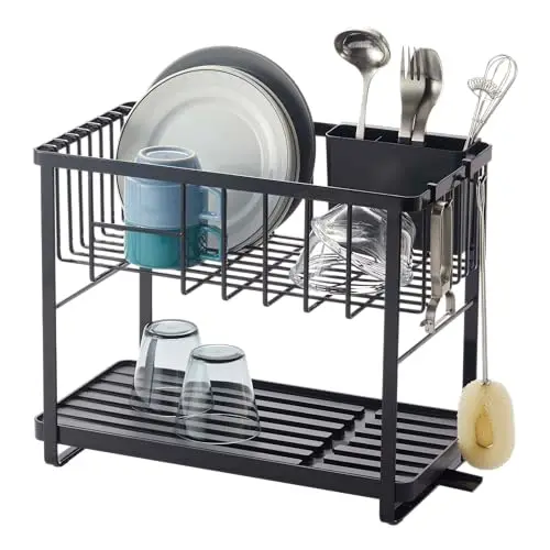 Home Tower Two-Tier Adjustable Dish Drainer Rack, Compact Drying Rack with Hooks, Utensils Holder - Steel - | Two-tier