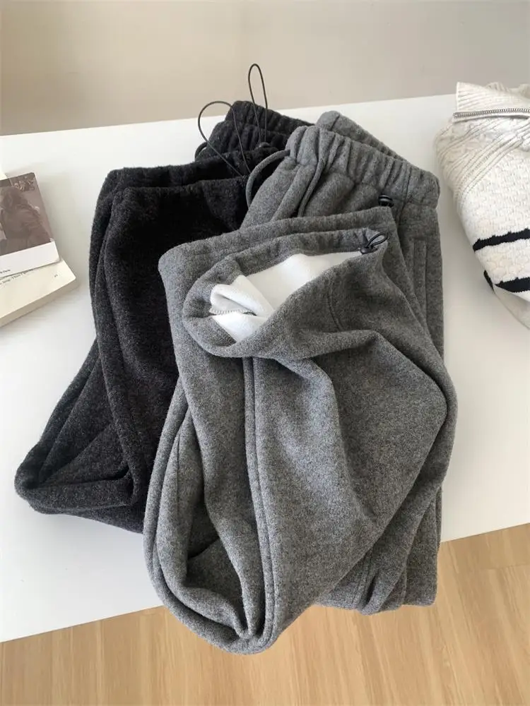 Women Loose Pants Gray Korean Style Glutinous Rice Plush Autumn Winter Warm Fleece Lined Retro Wide Leg Casual Versatile
