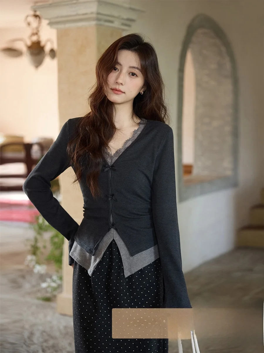 

Ele Korean Sle Slim Fit Long Sve T-irt Women's Unique Small Size Faionable Top High Waist V-Ne Thiened Autumn