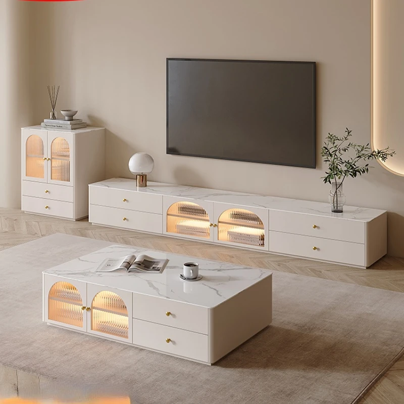 Cream wind light luxury slate TV cabinet simple modern tea table combination