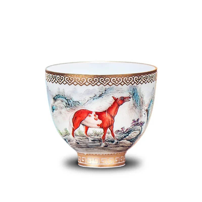 Hand drawn Pink Horse Tea Cup Master Cup Kung Fu Tea Set Tea Bowl Gift