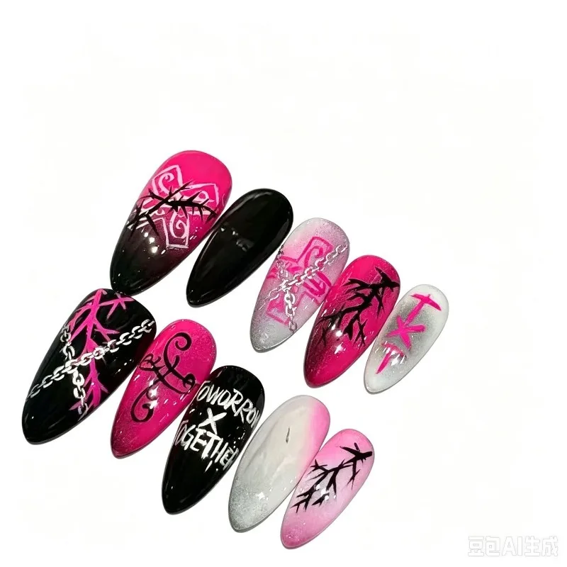 24PCS Y2k Magenta Gradient Almond Press on Nails Black Thorn Sweet Cool Chain Cross French Nail Tips Full Cover False Nails Art