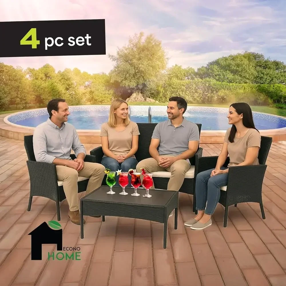 4-Piece Outdoor Patio Furniture Set: 2 Wicker Chairs, Loveseat, Glass Top Coffee Table with Cushions - Ideal for Porch, Balcony,
