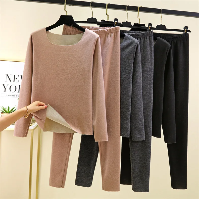

Autumn and winter plus velvet and fat plus size warm suit for women seamless inner wear autumn clothes and autumn trousers round