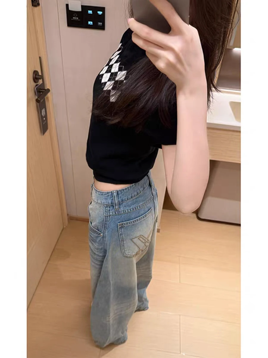 Low Waist Wide Leg Jeans Women's Spring Summer Slimming Straight Cut American Retro Knife  Denim Pants for Pear Shaped Body