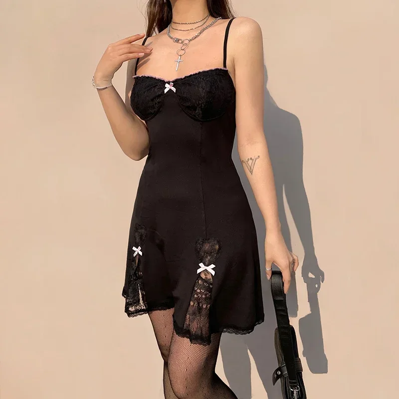 

Black Gothic Lolita Style Mini A-line Dress for Women Lace Trim Sleeveless V Neck Dresses with Bow Y2K Aesthetic Grunge Clothes