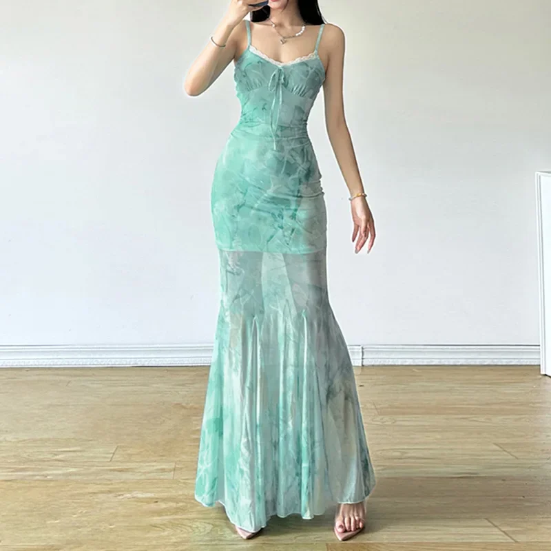 French Dress Fresh Mint Green Tie Dye Printed Mesh Suspender Long Dress Pure Desire Sexy Lace Patchwork Urban Fish Tail Dresses