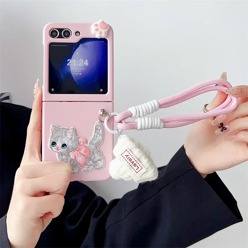 귀여운 고양이 자수 휴대폰 케이스, 삼성 갤럭시 ZFlip3 ZFlip4 ZFlip5 ZFlip6 하드 PC 후면 커버, Z 플립 6 케이스 쉘