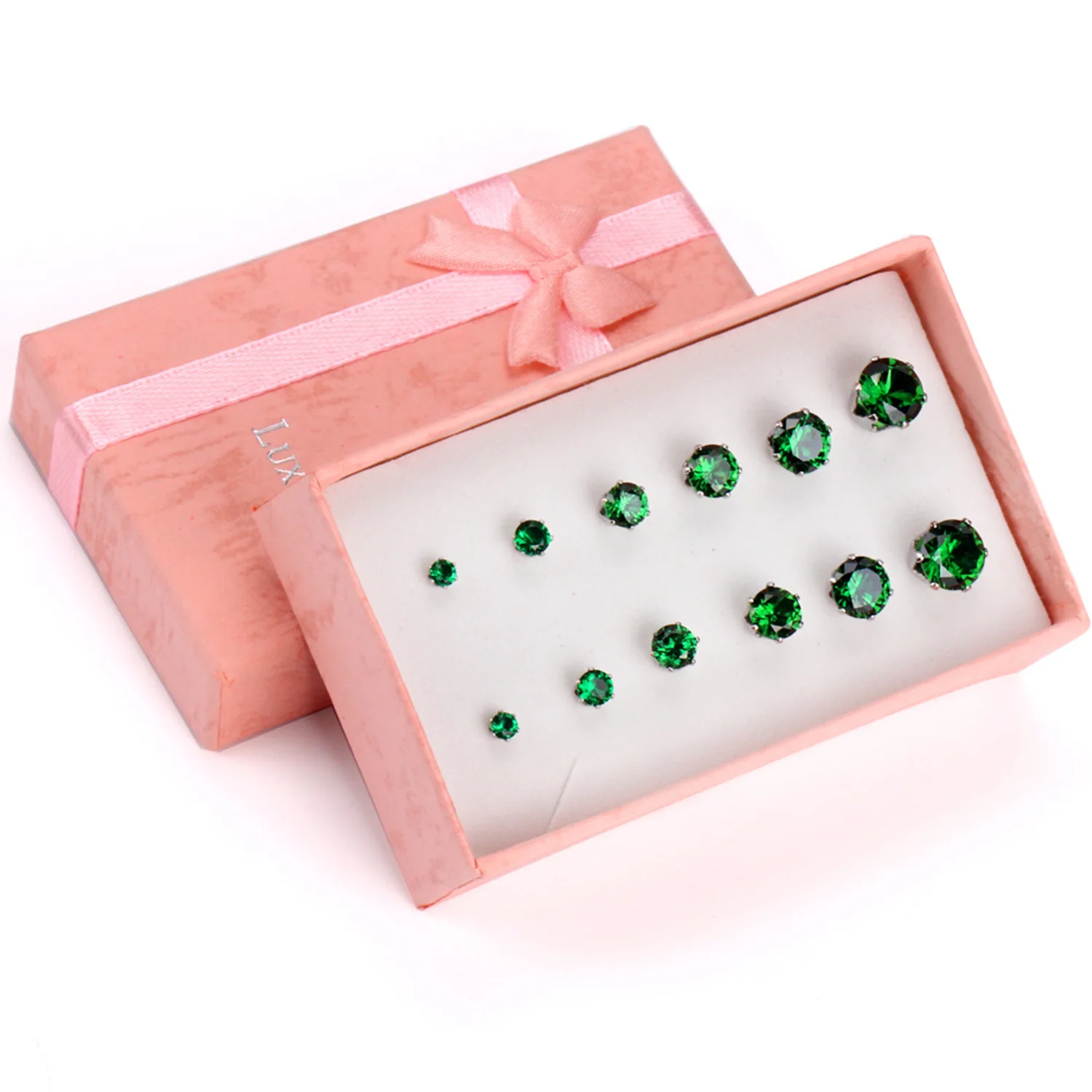 LUXUSTEEL 6 Pairs 3-8MM Green Zircon Crystal Stud Earring Set For Women Men Round Flower Colorful Rhinestone Piercing Earrings