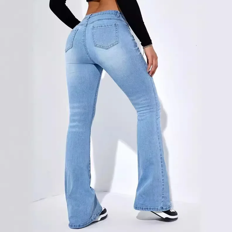 Calça jeans comprida feminina, calça casual, envoltório reto do quadril, bainha abotoada, ajuste fino, cintura média, bolso de botão, sexy