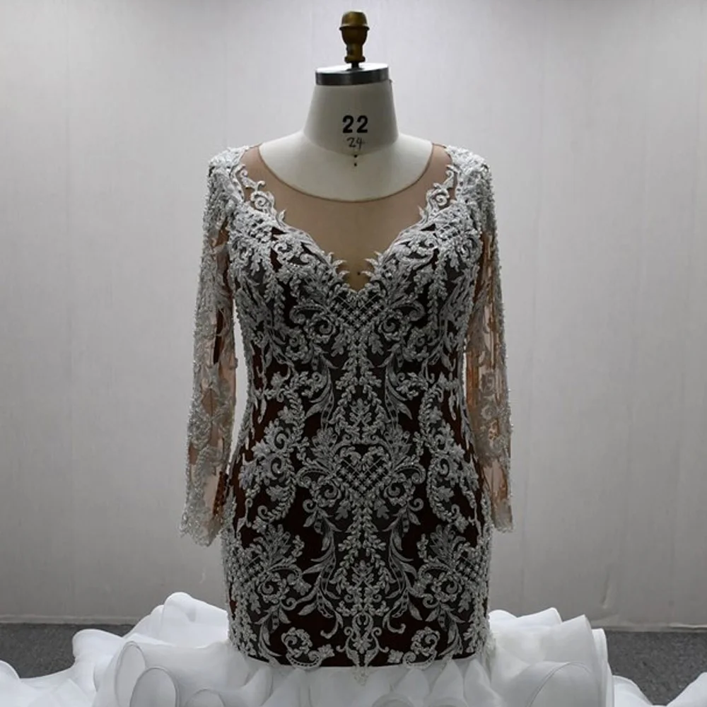 Vestido De Boda 長袖 O ネック プラスサイズのウェディングドレス レースアップ バック刺繍 ブライダルドレス