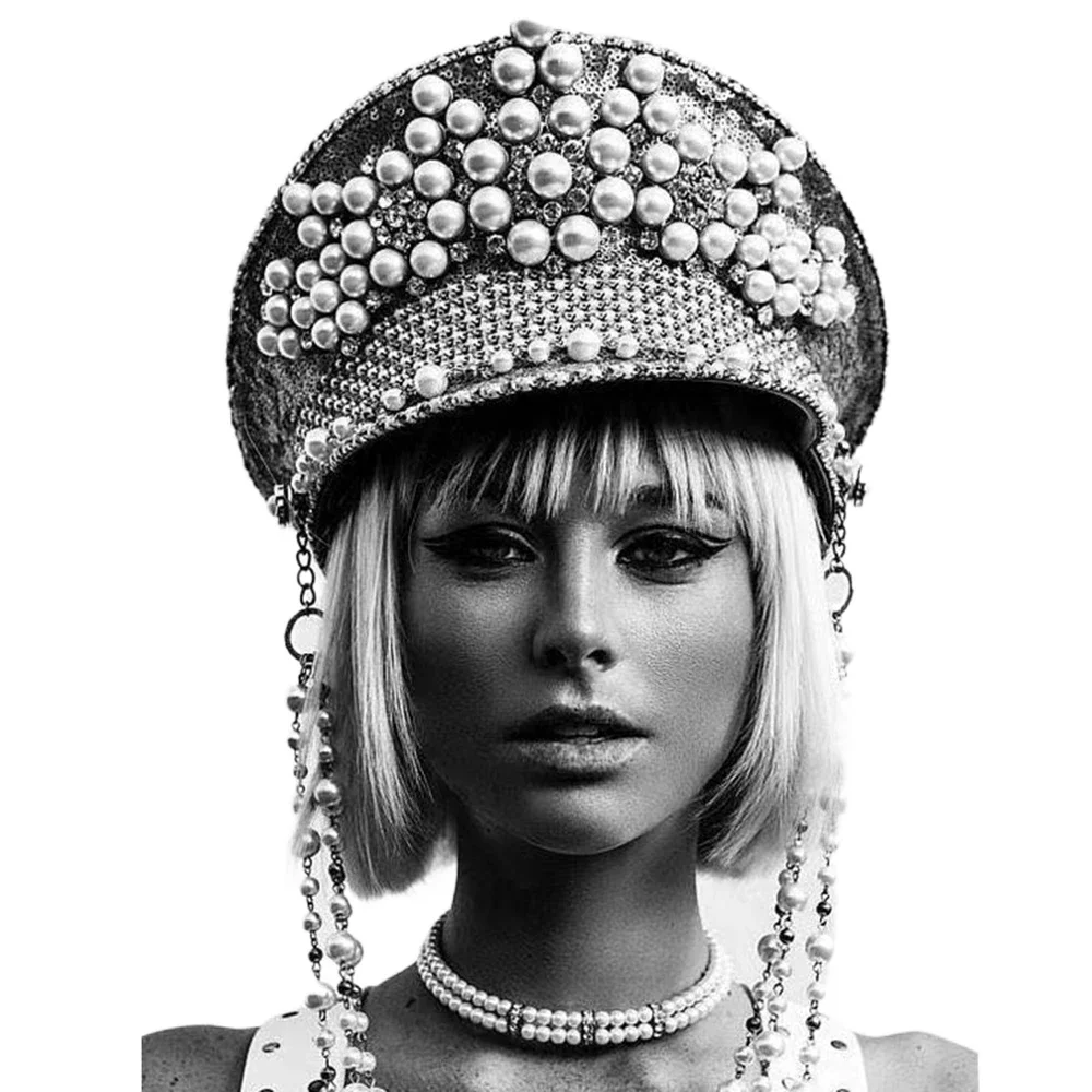 Women Black Bridal Hat For Queen Bride Military Hat Luxury Pearl Sergeant Captain Birthday Octagonal Bachelorette Hen Do Party