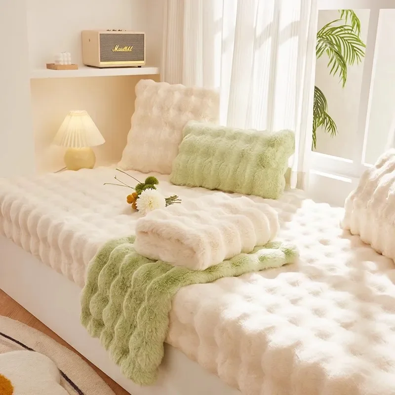 Fluffy Bubble Rabbit Fur Cushion Caramel Color Faux Fur Plush Mats By Window Thick Warm Non Slip Seat Pad for Home Decor 1 Piece