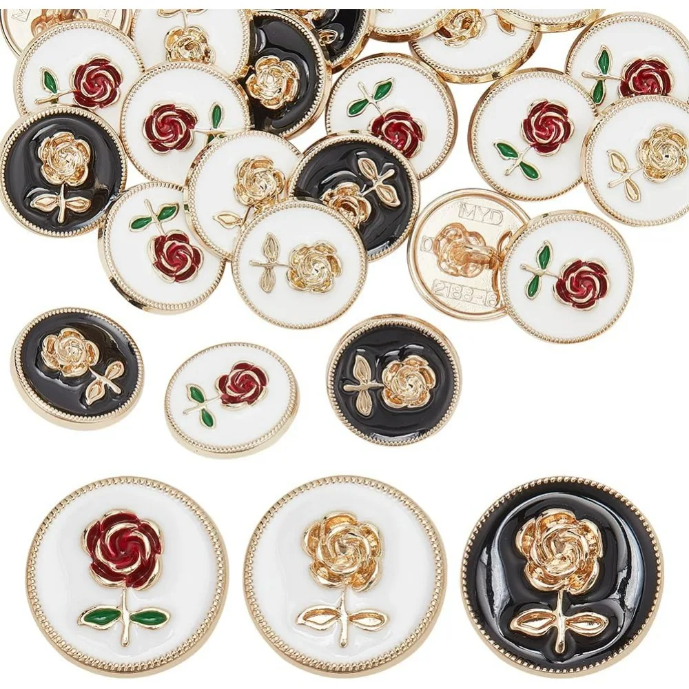 24개 빈티지 장미 단추, 3가지 스타일의 에나멜 꽃 단추 둥근 샹크 단추 의류 재봉용 코트 정장 유니폼 블레이저용