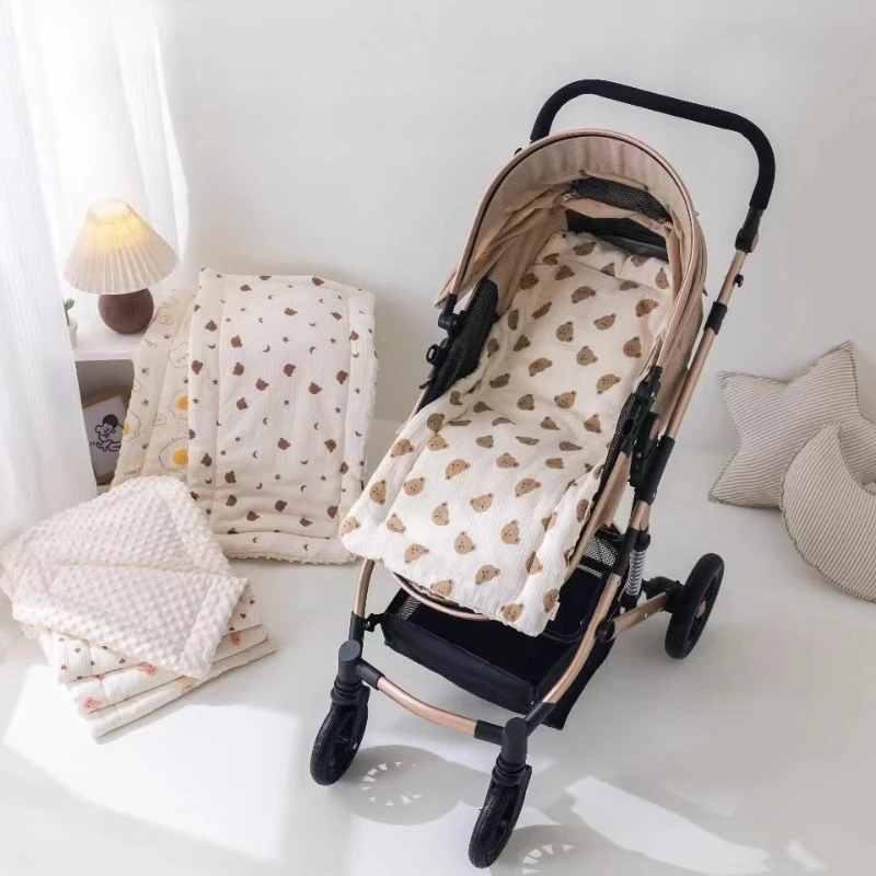 Baby Stroller Seat Pad Soft Cotton Gauze Mattress Cover Warm Cute Cartoon Bassinet Liner for Infant Portable Breathable Cushion