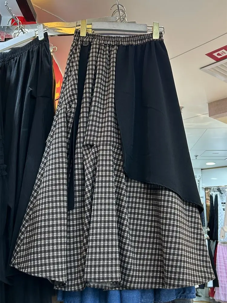 

Юбка миди А-силуэта в клетку с высокой талией для полных женщин, весна-осень, повседневная, асимметричный дизайн, свободный крой