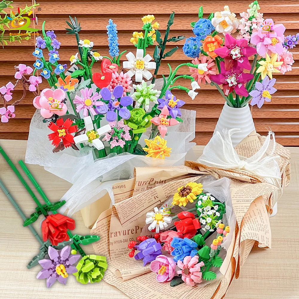 HUIQIBAO MOC Blumenstrauß-Modell Mikro-Baustein DIY Rose Ewige Dekoration für Zuhause und Schreibtisch Pflanzendeko Bausteine Mädchen Geschenk Kinderspielzeug