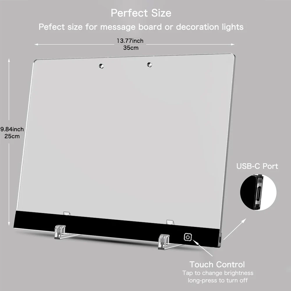 13.77 "x 9.84" - Planche à dessin lumineuse transparente en acrylique, planche magique LED pour mémo effaçable à lueur, avec stylo marqueur de 7 couleurs et support