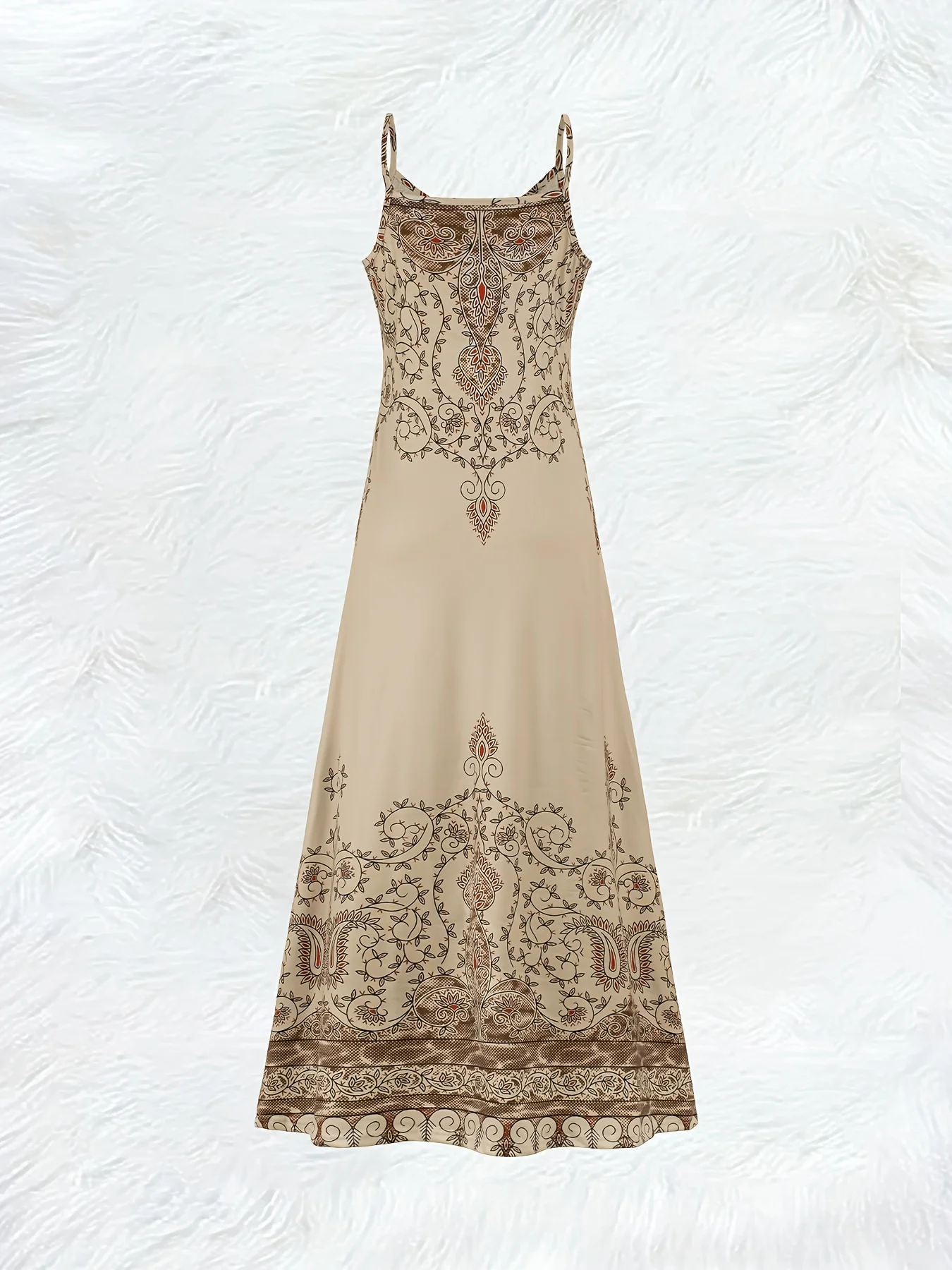 Printed Design Beige & Rust Ornate Halter Maxi Dress