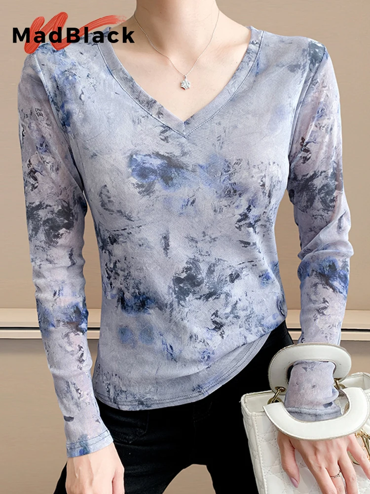

MadBlack-Женская европейская футболка, сексуальный V-образный вырез с принтом, модная тонкая сетчатая эластичная футболка с длинными рукавами S-3XL, новинка осени 2021, T59473CC