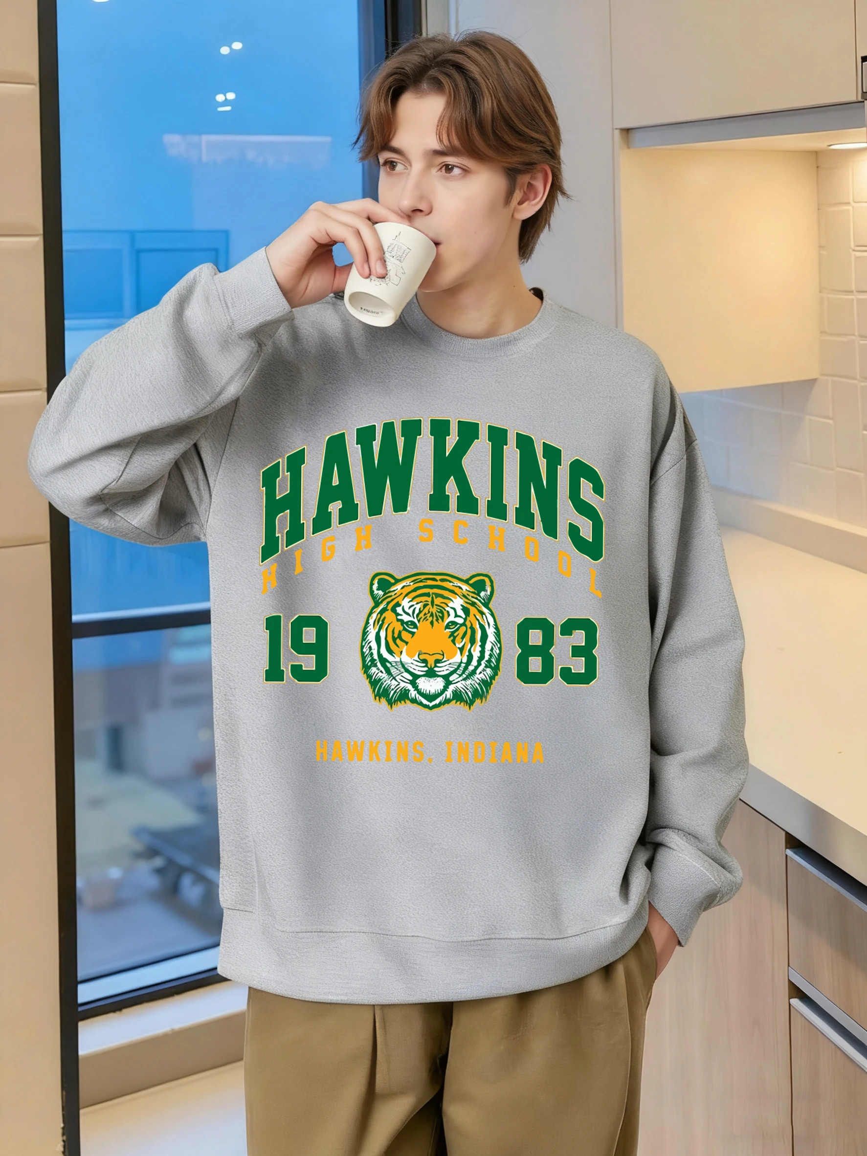 Hawkins 1983 Mighty Tiger Print Sweatshirt für Herren, Übergröße, Pullover, Herbst, warm, O-Ausschnitt, Sportbekleidung, Unisex, lässig, langärmelig