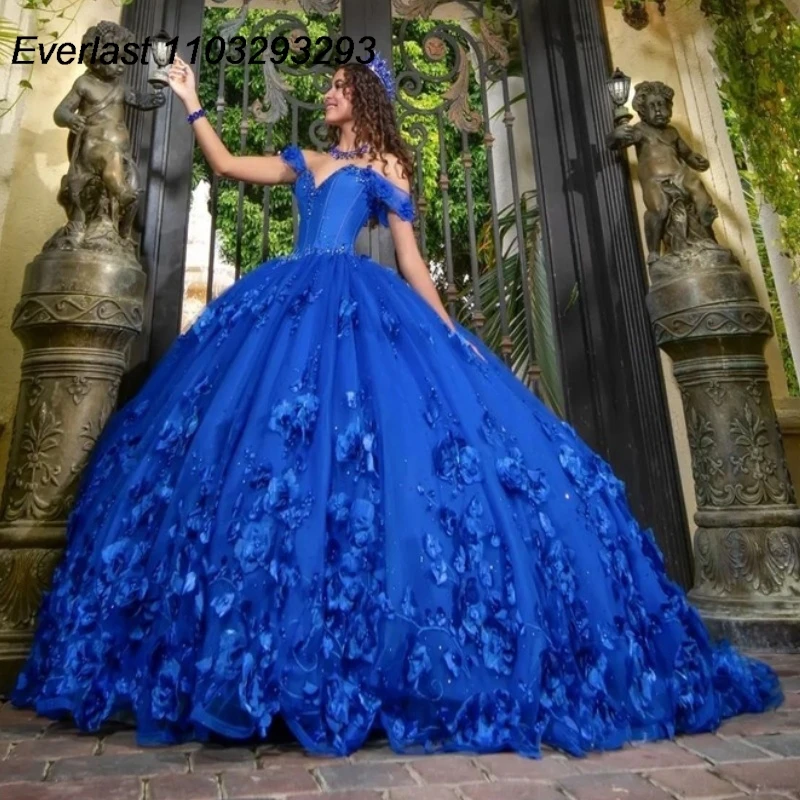 EVLAST Customized Royal Blue Quinceanera Dress Ball Gown Flower Applique Beads Corset Mexican Sweet 16 Vestido De 15 Anos TQD317