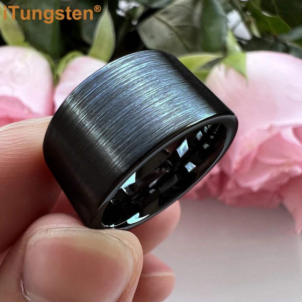 iTungsten 12mm Flat Engagement Wedding Band Tungsten Carbide Finger Ring for Men Women Fashion Jewelry Brush Finish Comfort Fit