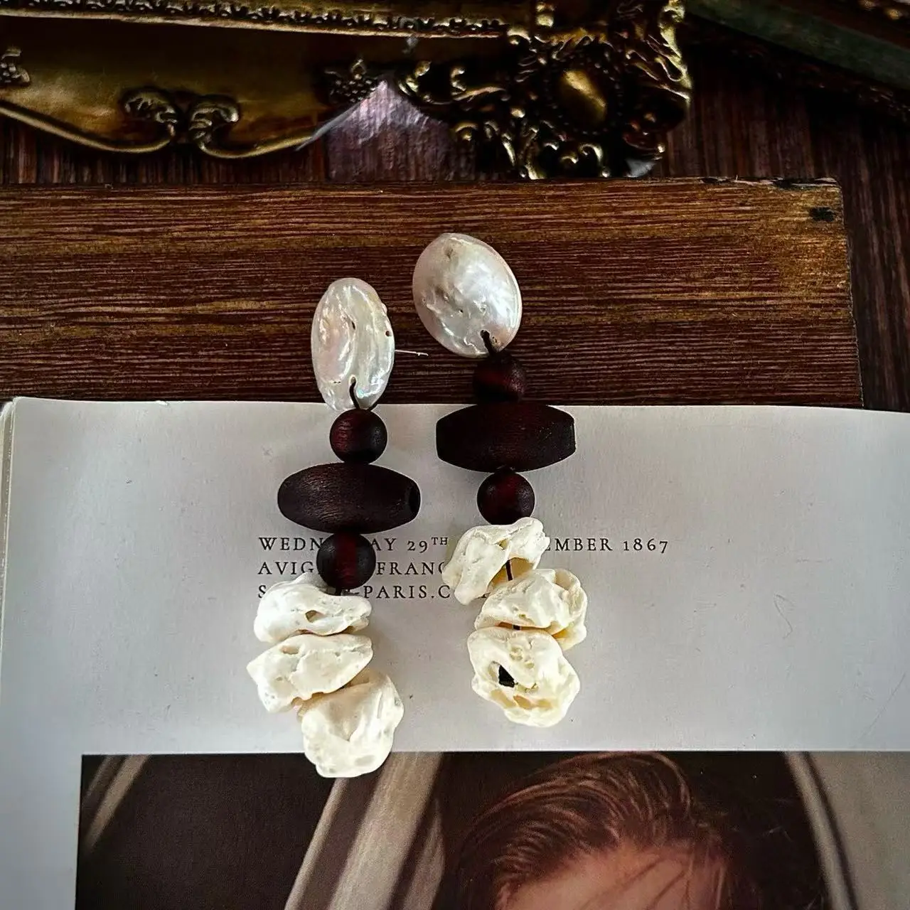 Monies style retro earrings, natural baroque handmade earrings, bone wood splicing design niche earrings