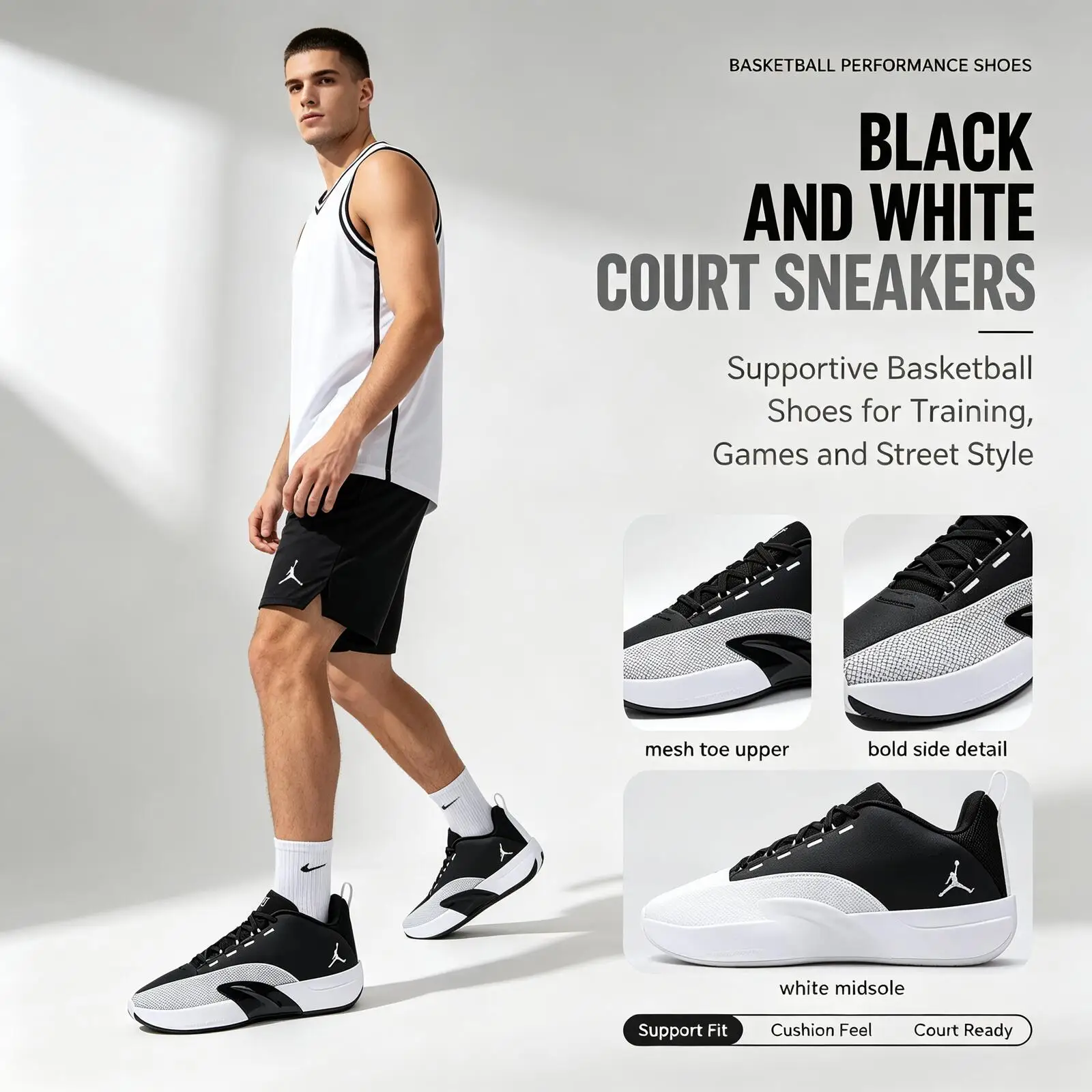New Nike Jordan Men Basketball Black and White Basketball Shoes Men Breathable Mesh Cushioned Performance Sneakers