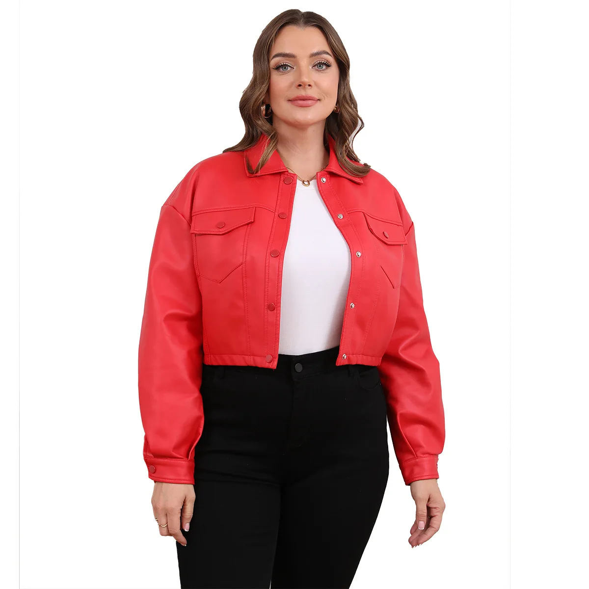 Chaqueta corta de PU de talla grande para mujer, ropa de abrigo de moda de piel sintética con solapa y un solo pecho, suave, duradera, resistente al viento, fácil de combinar