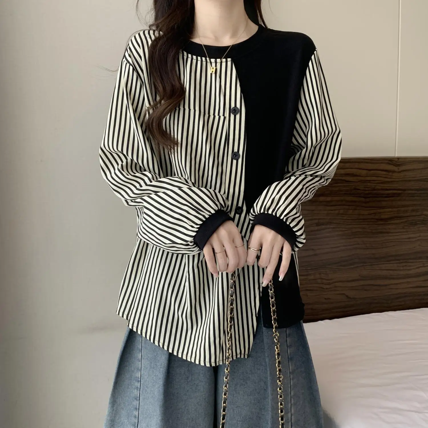 Kimotimo Women French Style Striped Patchwork Round Neck Long Sleeve Shirt Asymmetrical Spring Autumn 2026 Girl Blouse