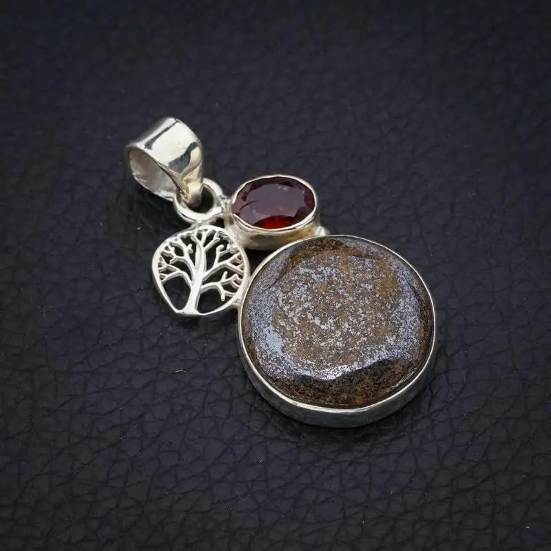 StarGems® Natural Bronzite Garnet TreeHandmade 925 Sterling Silver Pendant 1.5