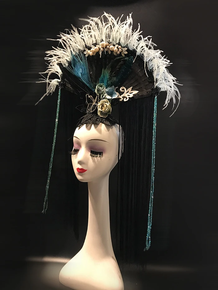 

Runway catwalk Chinese style exaggerated hair accessories, fan-shaped lace, makeup styling, photography and photo art