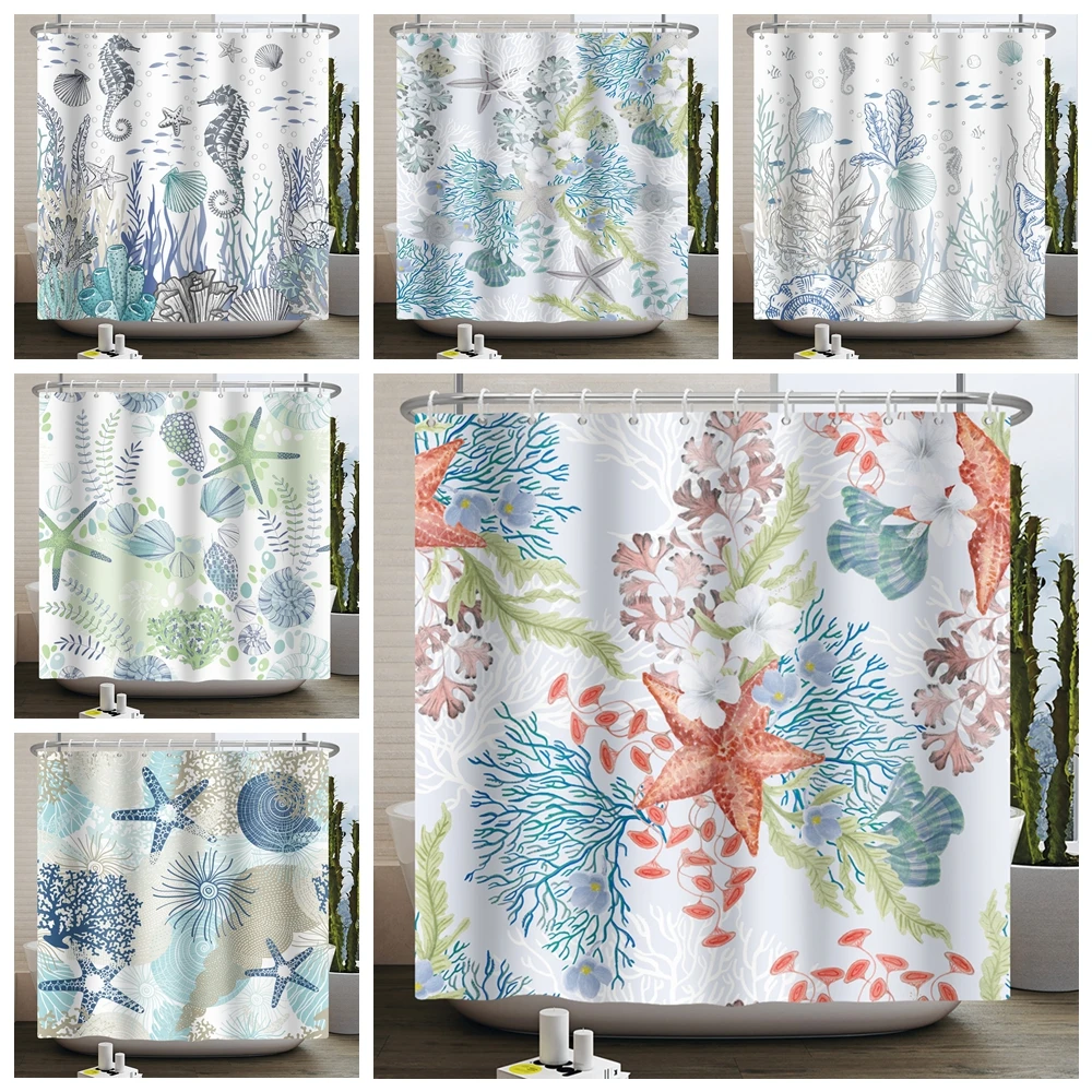 

Nautical Coastal Shower Curtain Starfish Coral Seashell Beach Ocean Bathroom Curtain Underwater Marine Waterproof Bath Curtain