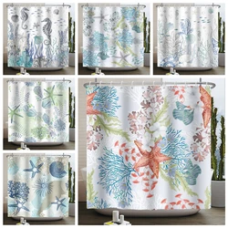 Nautical Coastal Shower Curtain Starfish Coral Seashell Beach Ocean Bathroom Curtain Underwater Marine Waterproof Bath Curtain