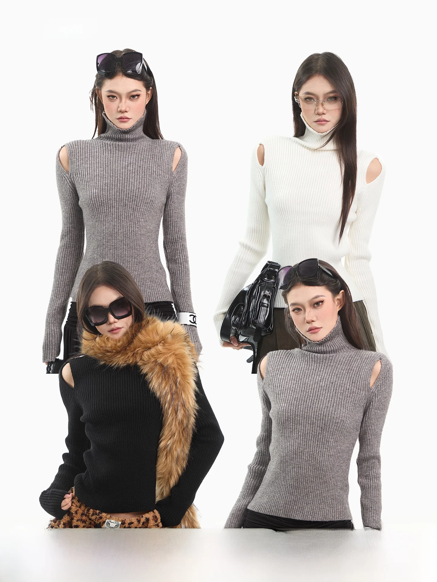 

Корейский вязаный свитер CCUP SPACE с высоким воротником, женский, приталенный, теплый, с открытыми плечами, с длинными рукавами, зимний топ