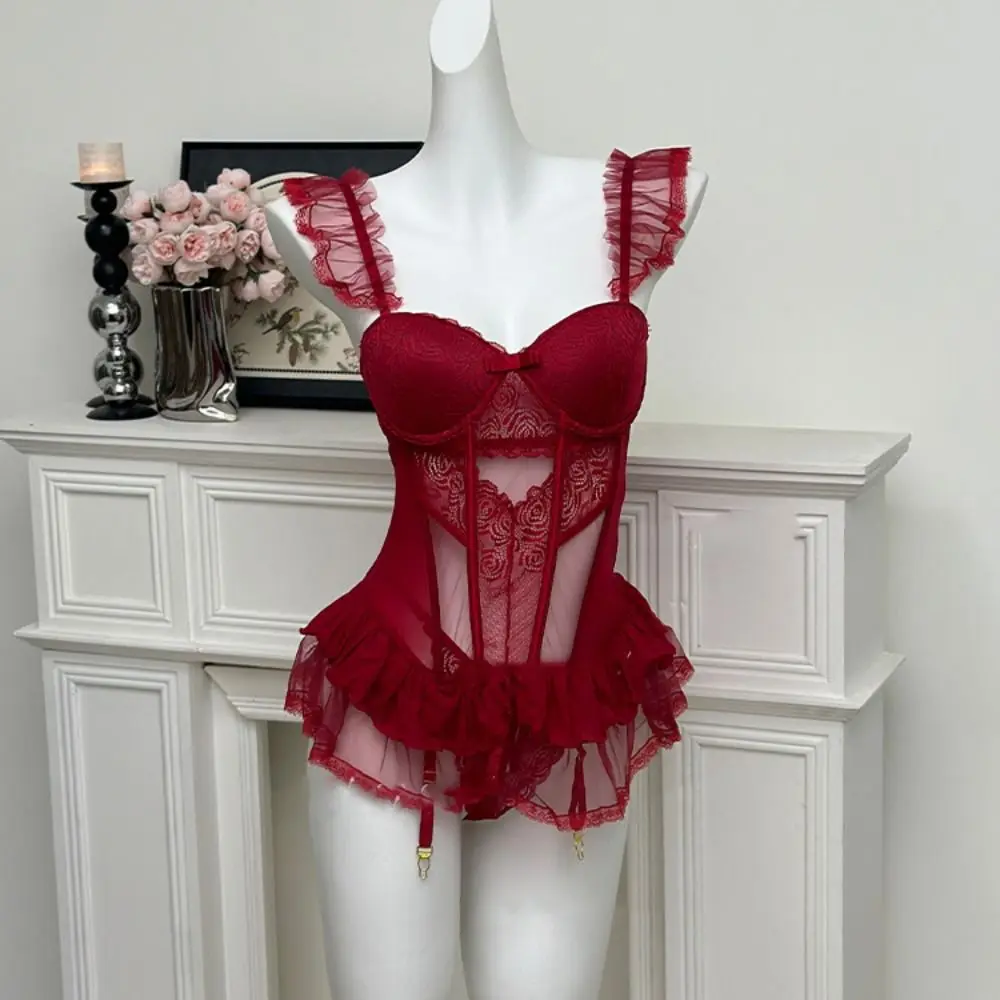 

Fashion Bow Flower Lace Nightgown Ruffle Transparent Camisole Nightwear Women Lingerie Sweet Mesh Nightdress Home