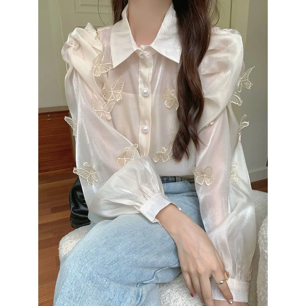 SALIENCY French 3D Butterfly Lantern Sleeve Chiffon Shirt Stylish Vintage Casual Embroidery Blouse Top