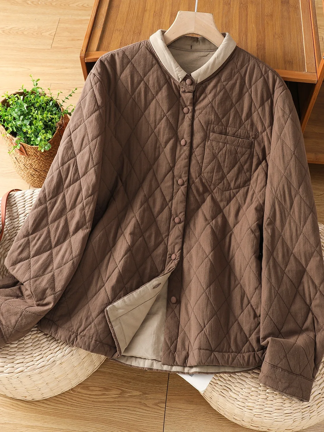 

Thickened Cotton Jacket Women's Winter Lightweight Casual Inner Wear Diamond Pattern Cultural Artistic Contrast Color Shirt