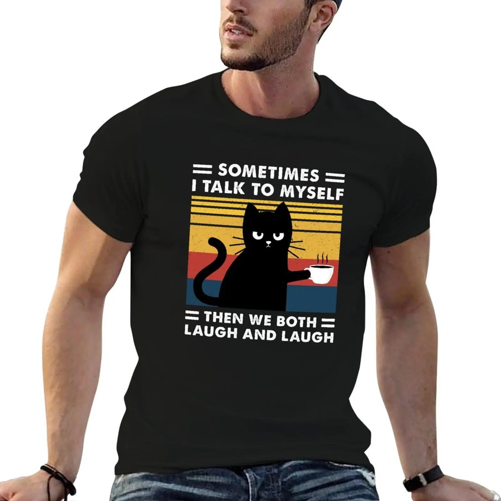 sometimes I talk to myself then we both laugh Black cat T-Shirt clothes blue archive mens white t shirts